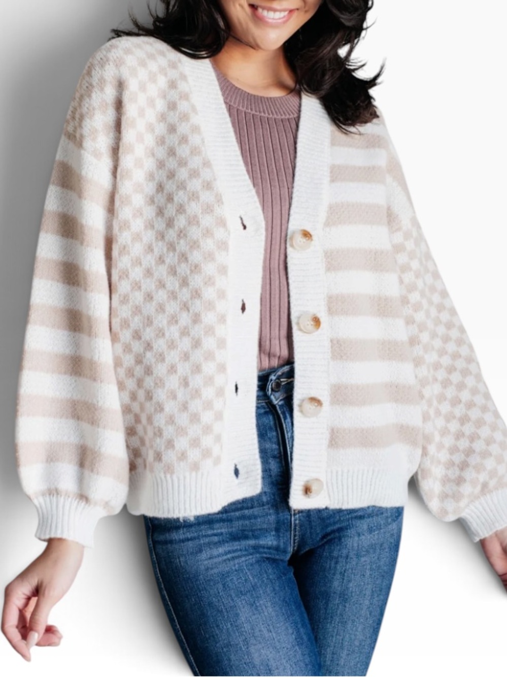 BiBi Beige/White "Check That Line" Patterned Button-Front Cardigan Sweater XL